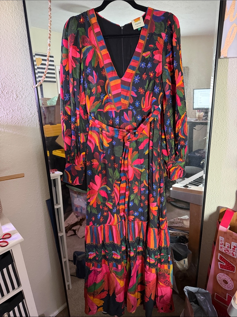 Farah Black Floral V‑Neck Maxi Dress with Multicolor Trim